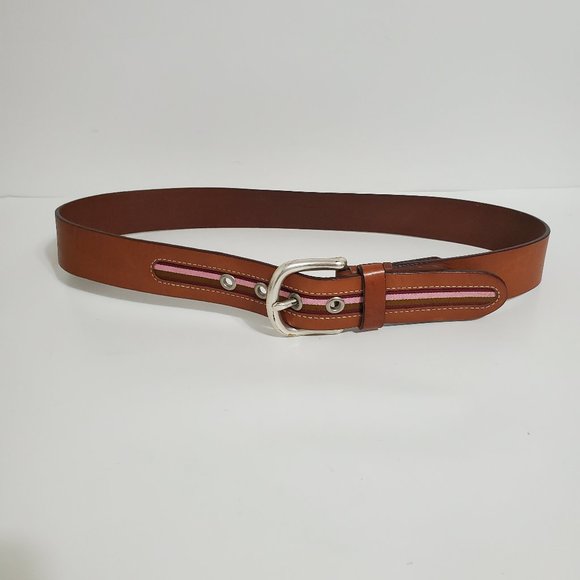 Fossil Brown leather belt pink stripe - Picture 1 of 5